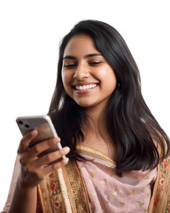 Smiling indian woman using smartphone mobile device app social media online on transparent background