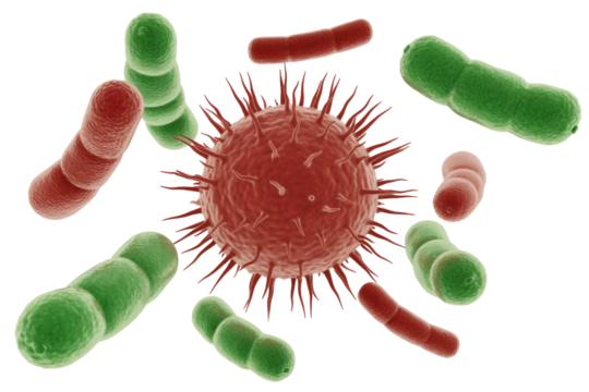 A 3D rendering depicting a red spiky virus surrounded by various green and red bacteria and microbes, illustrating microscopic lifeforms. background removed
