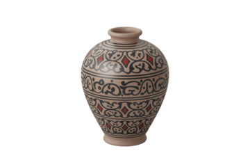 A decorative beige ceramic vase featuring intricate black calligraphic-like patterns and red diamond accents, showcasing traditional artistry. background removed