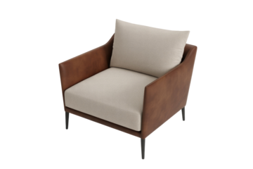 A stylish modern armchair with warm brown arms and a light textured beige fabric seat and back cushion, perfect for contemporary living spaces. background removed