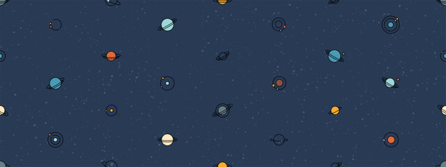 Space seamless pattern with planets, moons and stars. Abstract galaxy background, celestial pattern with cute planets with orbits and satellites in dark night sky, vector illustration
