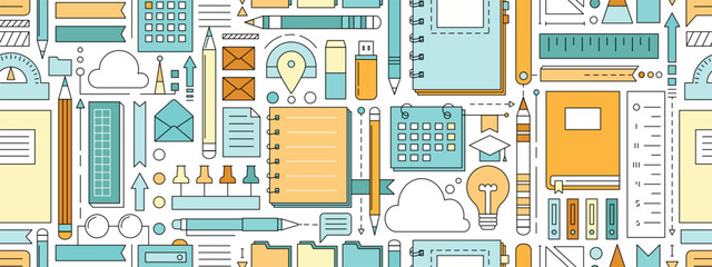 Back to school seamless pattern with study supplies and office stationery. Geometric poster of education and work concept with icons of pen, pencil, book, notebook, calendar and folders, vector illust