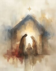 Minimalist Ink Nativity with Glowing Star.