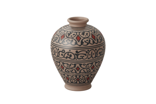 A decorative beige ceramic vase featuring intricate black calligraphic-like patterns and red diamond accents, showcasing traditional artistry. background removed