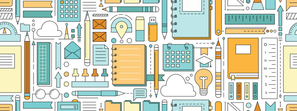 Back to school seamless pattern with study supplies and office stationery. Geometric poster of education and work concept with icons of pen, pencil, book, notebook, calendar and folders, vector illust