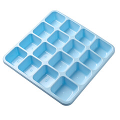 Empty, light blue, square ice cube tray, angled view