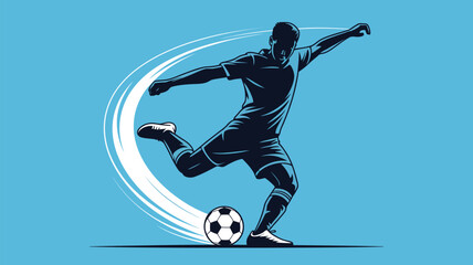 A soccer player in action kicking a ball with motion lines on a blue background vector illustration