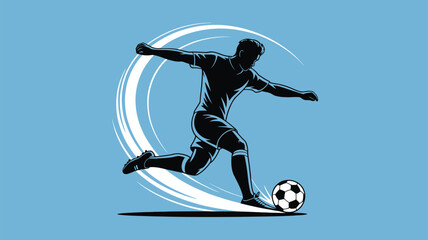 Fototapeta premium A stylized illustration of a soccer player kicking a ball with motion lines on a light blue background