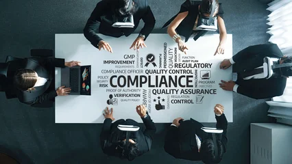 Gardinen Musik Aerial view of a business meeting focusing on compliance, quality control, and regulatory affairs. Professionals are engaged in strategy, collaboration, and risk management discussions. Amity  © InfiniteFlow