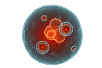 A detailed 3D rendering of a translucent blue cell encompassing multiple vibrant reddish-orange internal structures and smaller encapsulated organelles. background removed