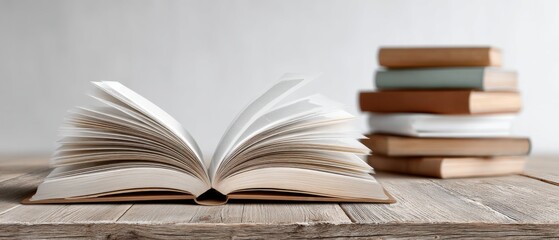 Fototapeta premium Open book with stack of books on wooden table