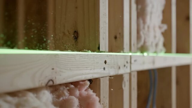 Laser level aligns wooden beams for precise construction with floating dust particles