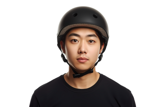 Man wearing black helmet for skateboarding rollerblading or bike riding on transparent background
