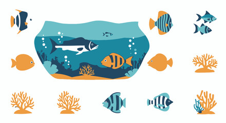Naklejka premium Cheerful underwater world featuring diverse tropical fish species and coral