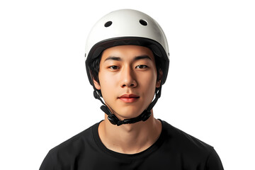 Portrait of asian man wearing white helmet for skateboarding or biking use on transparent background