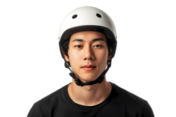 Portrait of asian man wearing white helmet for skateboarding or biking use on transparent background