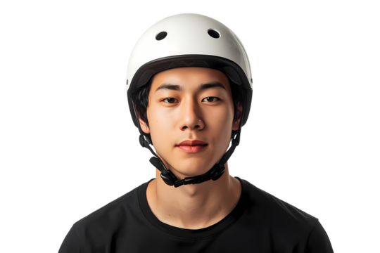 Portrait of asian man wearing white helmet for skateboarding or biking use on transparent background
