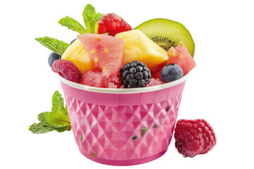 Fruit salad in a pink cup bowl on transparent background