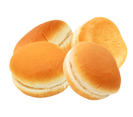 high-quality photograph featuring a group of four freshly baked golden hamburger buns, essential soft bread components for making delicious burgers, isolated on transparent background.
