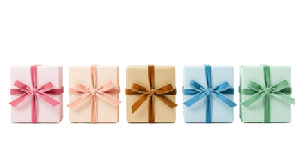 Five pastel gift boxes (pink, peach, beige, blue, mint) with velvet bows, arranged on a transparent background with copy space, soft lighting, concept of elegant luxury