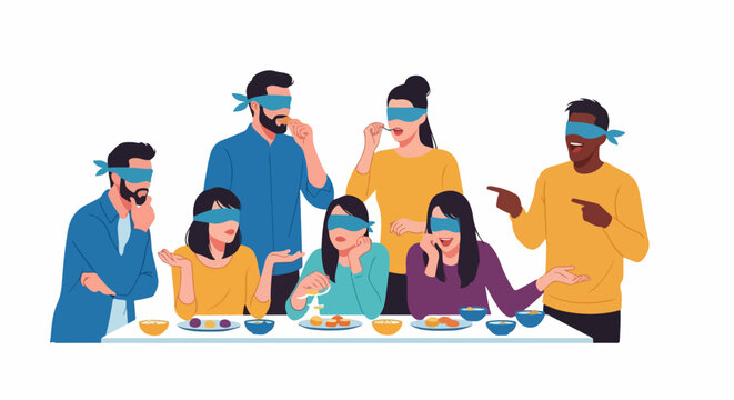 Blind taste test with people wearing blindfolds and tasting food at table. Blind taste test event shows how people enjoy trying and guessing what flavor is.