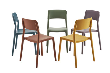 Obraz premium A collection of five modern, colorful plastic chairs in blue, terracotta, sage, yellow, and purple, arranged in a circular formation. background removed