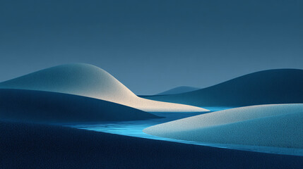 A mesmerizing depiction of abstract dunes in shades of blue, the scene creates a sense of serenity. The flowing curves and subtle gradients evoke a feeling of peace and tranquility