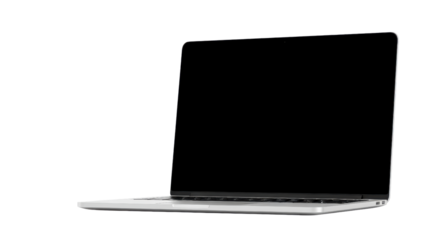 A silver laptop computer with a black screen is open on a white surface, ready for use.