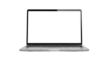 Modern silver laptop computer with a blank white screen, isolated on a white background.