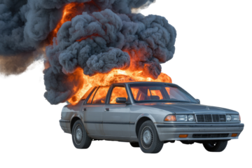 A silver sedan engulfed in intense flames and thick black smoke, presenting a dramatic scene against a plain transparent background. background removed
