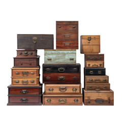 A variety of vintage wooden boxes arranged in a stack, highlighting different designs and finishes