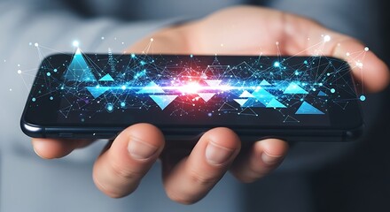 Futuristic Digital Interface Displayed on a Smartphone Screen Held in a Hand.