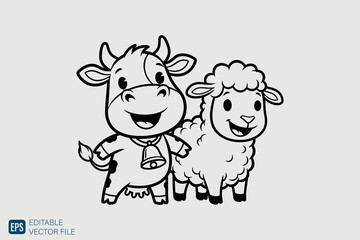 Adorable Cartoon Cow and Sheep Friends Black and White Outline I