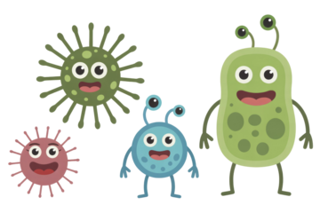 A vibrant illustration featuring a group of friendly, cartoon microbes and bacteria with happy faces, representing microorganisms in a playful style. background removed