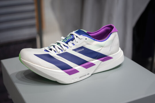 Bangkok, Thailand - 29 October 2025; Adidas lunch new color of "Adizero Adios Pro 4", the famous top performance running shoe in White and violet. This product is ready for sale at flagship store.