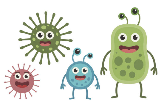 A vibrant illustration featuring a group of friendly, cartoon microbes and bacteria with happy faces, representing microorganisms in a playful style. background removed