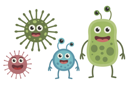 A vibrant illustration featuring a group of friendly, cartoon microbes and bacteria with happy faces, representing microorganisms in a playful style. background removed