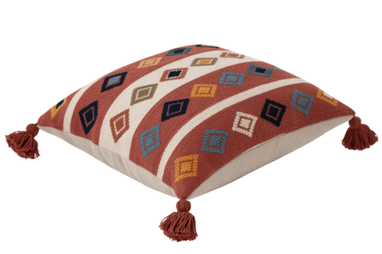 Bohemian throw pillow with colorful diamond patterns, terracotta stripes, and decorative tassels, perfect for home decor. background removed - Powered by Adobe