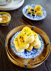 Close up of Chinese pastry dessert (Fresh milk mooncakes) with tea