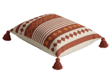 A stylish rectangular throw pillow featuring a vibrant bohemian geometric pattern in burnt orange, cream, and golden hues, with decorative tassels. background removed
