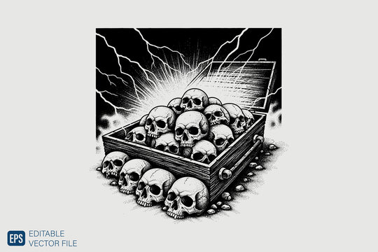 A wooden box overflowing with human skulls, rendered in a stark,