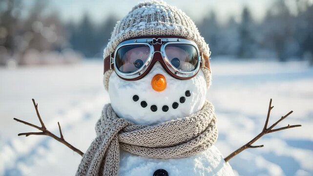 Cool snowman with aviator goggles and winter hat