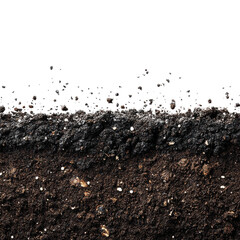Fine black soil spreads out with small particles visibly flying in the air, showing texture and richness of the earth