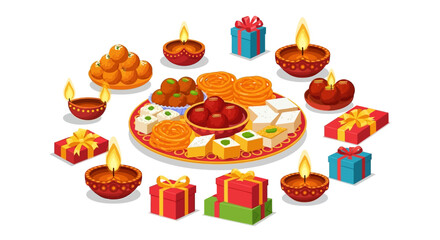 Diwali Celebration Festive Plate with Sweets, Gifts, and Lit Diya Lamps for a Happy Holiday