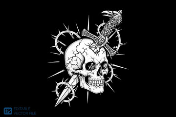Skull and Dagger with Thorns and Raven Tattoo Design.