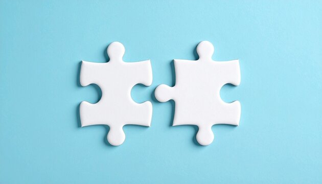 two white puzzle pieces matching together againt light blue background 