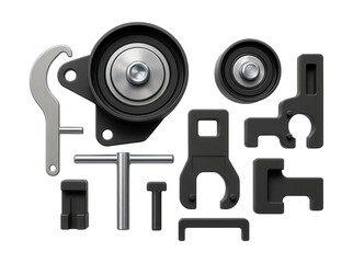 Timing belt tool kit with tensioners and locks for engine maintenance.