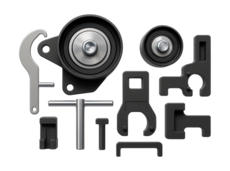 Timing belt tool kit with tensioners and locks for engine maintenance.