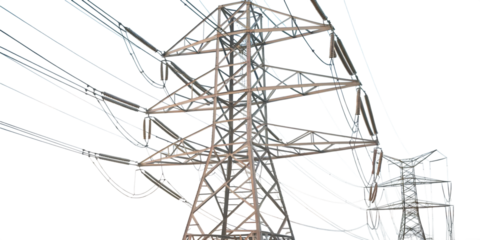 Close up view of a large metal electricity pylon, with multiple power lines, cutout, PNG isolated on white or transparent background