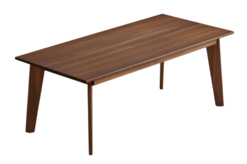A modern rectangular wooden dining table with a rich dark brown finish and angled legs, perfect for any contemporary living space. background removed